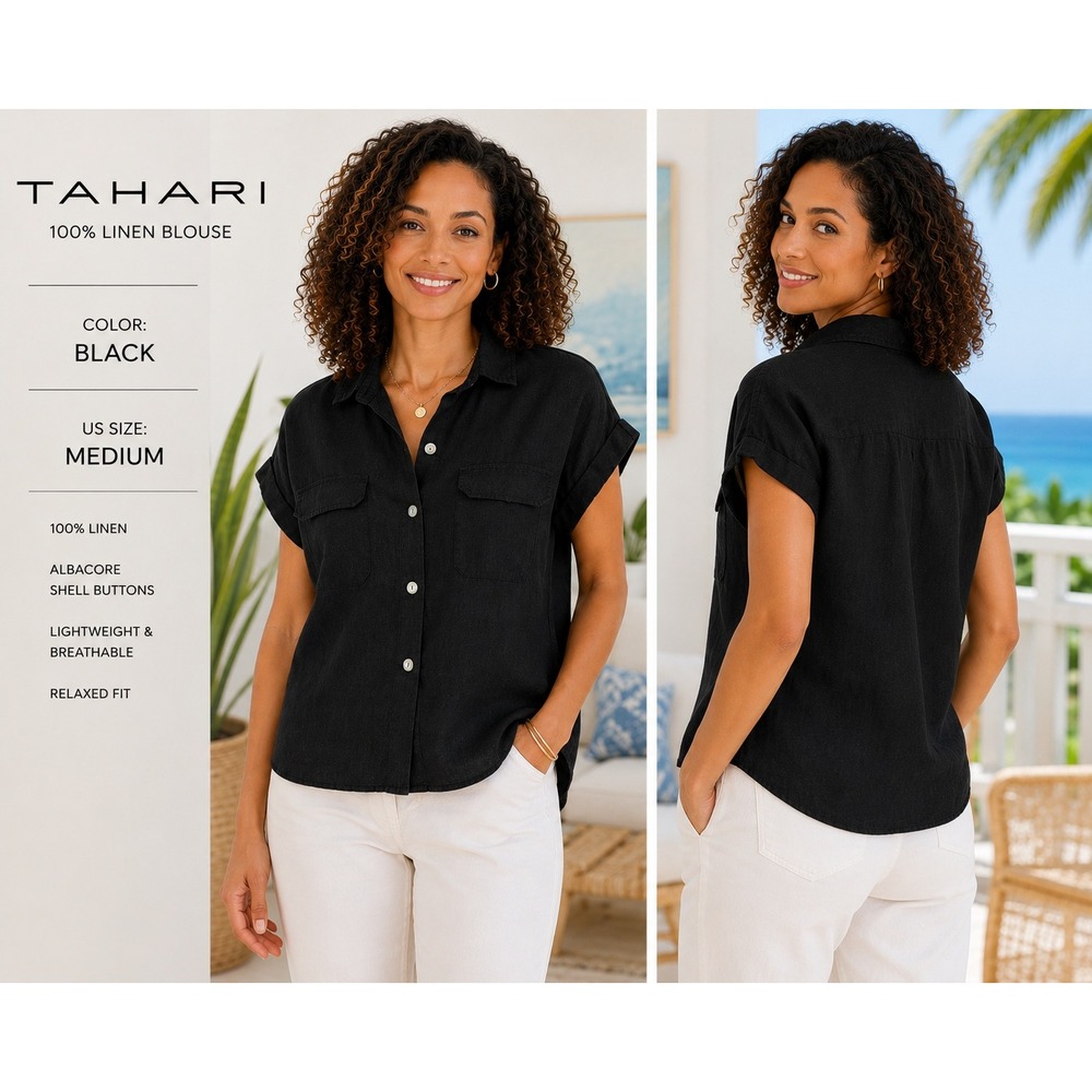 TAHARI Womens M Black 100% Linen Blouse Shell Button Short Sleeve Coastal #1864